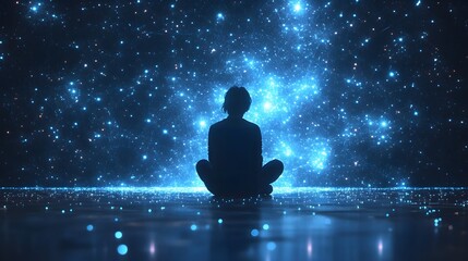 Aufkleber - Meditative silhouette against a nebula sky. Person in lotus pose, connecting with the cosmos. Spiritual awakening, inner peace. Abstract wireframe in dark blue