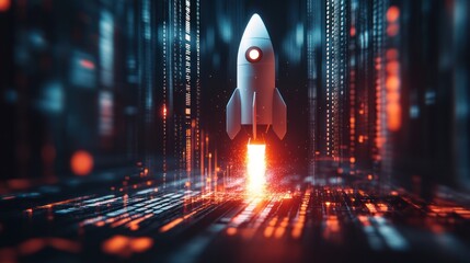 futuristic rocket launch illustration with digital matrix visualization