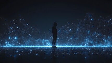 Aufkleber - A figure stands silhouetted amidst a glowing blue network, symbolizing connection and technology. Data flows around the person, highlighting digital interaction. Abstract wireframe in dark blue