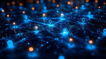 Fototapete - Futuristic network illustration, conveying global connectivity and data flow. Blue lines and location pins suggest digital mapping and communication. Abstract wireframe in dark blue.