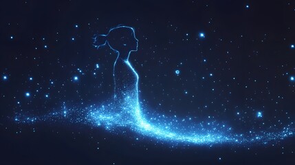 Aufkleber - A luminous figure, a woman silhouetted against a starry sky, radiates energy. Particles form a shimmering tail, evoking a dreamlike connection to the cosmos. Abstract wireframe in dark blue.