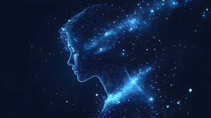 Aufkleber - Ethereal female profile glows with interconnected lines and points in shades of blue. Represents digital connection, data, and consciousness, energy movement. Abstract wireframe in dark blue.