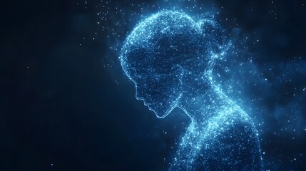 Poster - A digital representation of a woman's head rendered in glowing blue lines and dots, conveying technological advancement, contemplation, and a somber mood. Abstract wireframe in dark blue.