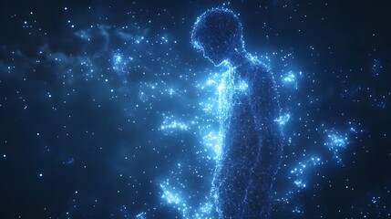 Poster - A luminous, ethereal figure of interconnected blue dots forms a digital human in a cosmic setting. The dark background enhances the abstract, technological vibe. Abstract wireframe in dark blue