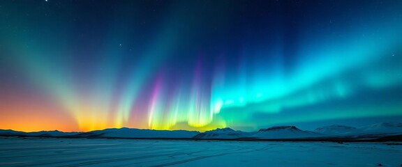 vast, starlit arctic sky ablaze with vibrant blue aurora borealis; ample copy space, blue, universe