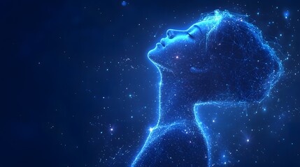 Poster - Ethereal woman rendered in glowing blue lines against a cosmic backdrop. Evokes wonder and digital artistry, ideal for technology or science themes. Abstract wireframe in dark blue.