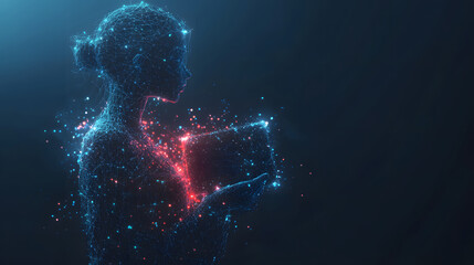 Aufkleber - Futuristic woman made of blue lines holds a glowing tablet displaying 'INTT Wils!'. Red and blue particles emanate, set against a dark blue gradient backdrop. Abstract wireframe in dark blue