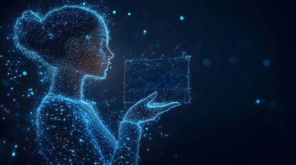 Aufkleber - Futuristic woman's profile, crafted from glowing blue lines, holds a frame displaying 'Initc Wisle' in neon. A digital masterpiece against a deep blue backdrop. Abstract wireframe in dark blue.