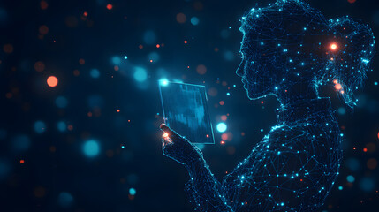 Leinwandbilder - Futuristic depiction of a woman interacting with a digital tablet displaying screen. Blue and orange bokeh create depth. Abstract wireframe in dark blue
