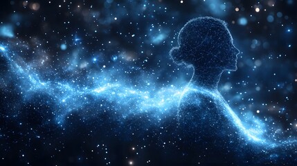 Poster - Futuristic digital art showcasing a woman's silhouette formed by blue lines and dots. Glowing particles create a cosmic backdrop, symbolizing connection and energy. Abstract wireframe in dark blue.