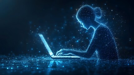 Poster - A woman immersed in digital work on her laptop. She is depicted as a blue wireframe, symbolizing technological connection and modernity. Great for illustrating AI! Abstract wireframe in dark blue