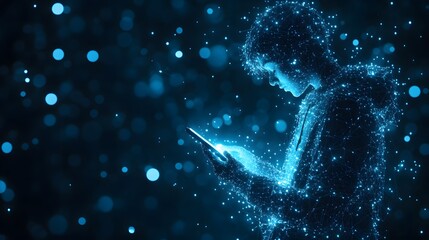 Aufkleber - Stylized blue digital figure using a phone against a dark backdrop with bokeh lights. Focus on technology and connection in the modern age. Great for tech ads! Abstract wireframe in dark blue