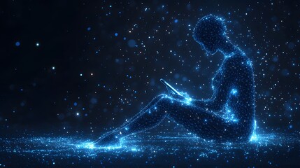 Poster - A digitally rendered person sits with a glowing phone amidst a stellar dust of blue particles. Conceptual tech design. Perfect for innovative or technological themes. Abstract wireframe in dark blue