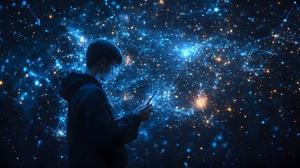 Leinwandbilder - A person interacts with a smartphone amidst a glowing digital network, symbolizing connectivity and exploration in the digital realm. Abstract wireframe in dark blue