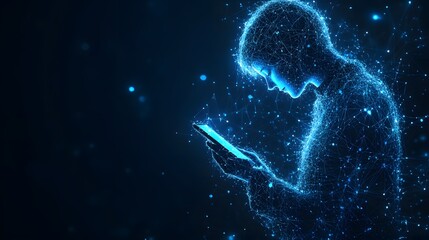 Poster - Futuristic human figure composed of light, absorbed in a glowing smartphone. Represents connectivity, technology, and digital life, perfect for technology promotions. Abstract wireframe in dark blue