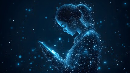 Poster - A digital woman interacts with her glowing phone, a modern vision of connectivity and technology. The wireframe design suggests a virtual reality interface. Abstract wireframe in dark blue.