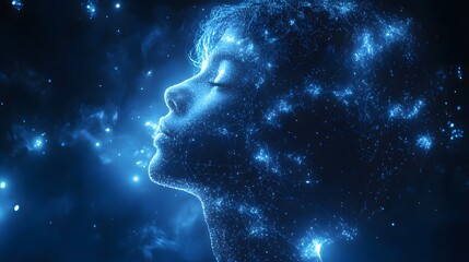 Aufkleber - A futuristic representation of human consciousness, depicted as a networked face of light. Captures the essence of digital identity and connectivity. Abstract wireframe in dark blue