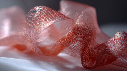 Delicate coral ribbon with mesh texture, softly curved on a plain white surface