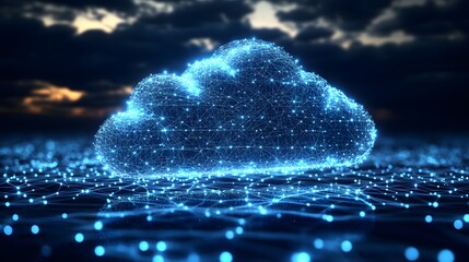 Poster - Futuristic cloud network reflecting in a digital surface. Glowing lines and nodes create a luminescent, technological scene against a blurred sky. Abstract wireframe in dark blue