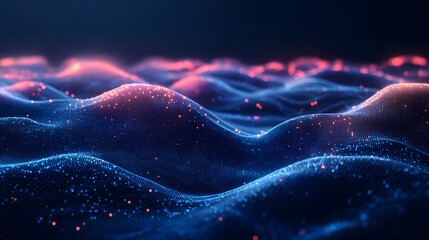 Fototapete - A captivating digital landscape unfolds, waves of blue particles highlighted by radiant red-orange peaks. This abstract visualization, showcasing technology, Abstract wireframe in dark blue