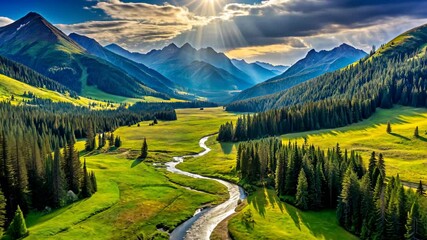 Poster - Serene valley with a winding river, lush meadows, and majestic mountains beneath a vibrant sky