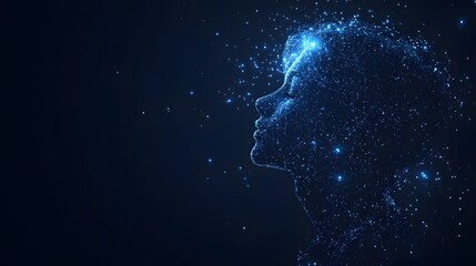 Poster - Futuristic digital head profile crafted from glowing lines and points against a dark blue backdrop, radiating energy. Technological representation of the mind. Abstract wireframe in dark blue.