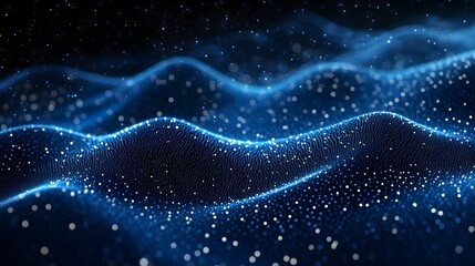 Poster - Dynamic, undulating surface of sparkling blue and white dots creates depth and texture. Resembles waves against a dark backdrop. Visually interesting and captivating. Abstract wireframe in dark blue.