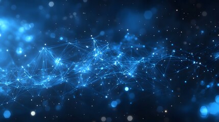 Leinwandbilder - Futuristic network visualization featuring glowing lines and dots in deep blue space. Interconnected nodes create a technological feel, enhanced by blurred light spots. Abstract wireframe in dark blue