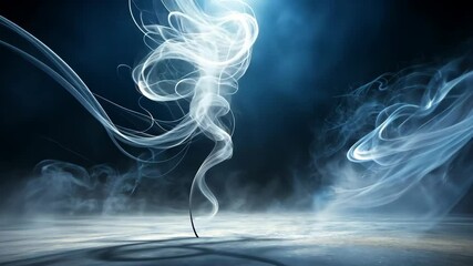 Poster - Wispy white smoke spirals and swirls upward from a small, dark object on a shadowy surface.