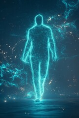 Poster - Glowing digital human silhouette formed by particles and light representing futuristic technology, artificial intelligence and virtual data visualization, Generative AI