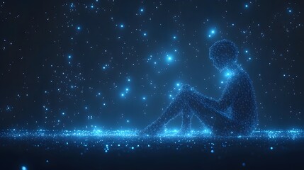 Poster - Futuristic, digital artwork featuring a luminous blue wireframe figure seated amidst a star-filled cosmos. Represents connectivity, technology, and the human form. Abstract wireframe in dark blue.
