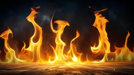 Poster - Fiery flames dance on a wooden floor in a dark room, creating a dramatic and mesmerizing scene.