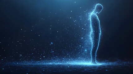 Aufkleber - Ethereal glowing figure amidst sparkling particles evokes a dreamlike state. Perfect for themes of technology, spirituality, and the unknown. Abstract wireframe in dark blue.