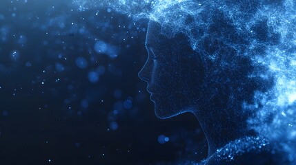 Poster - Digital headshot rendered as a blue network. Interconnected lines form the head shape, fading into ethereal patterns near hair. Bokeh lights add depth. Abstract wireframe in dark blue