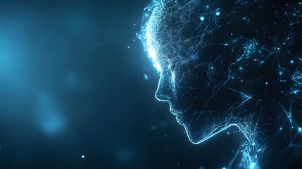 Poster - Digital human head profile formed by glowing blue lines and dots. A futuristic, technological representation with a defined face and network extending down the neck. Abstract wireframe in dark blue