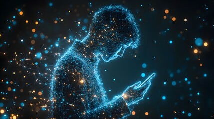Aufkleber - Digitized person engrossed in their phone, represented by interconnected blue and orange dots. Futuristic background enhances the digital representation. Abstract wireframe in dark blue