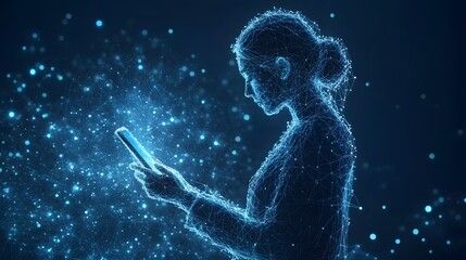 Fototapete - Futuristic digital woman gazes at a glowing blue smartphone. Connected lines and blue dots create a modern, tech-forward scene. Conceptual tech and connectivity abstract wireframe in dark blue.