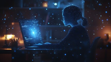 Fototapete - Futuristic scene featuring a woman working on a laptop, both rendered in glowing blue lines. Data streams across the screen in a dark office setting. Abstract wireframe in dark blue