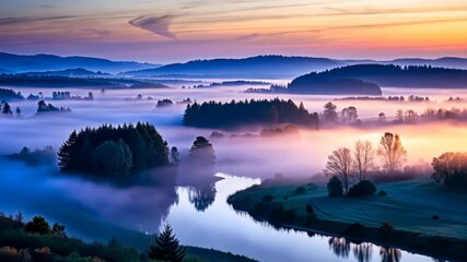 Poster - Serene Misty River Valley Sunrise A Breathtaking Aerial View of Nature's Beauty
