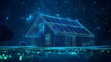 Poster - Futuristic house design depicted with a blue grid. Solar panels on the roof and glowing circles enhance the modern feel. Trees and dotted sky complete the scene. Abstract wireframe in dark blue.