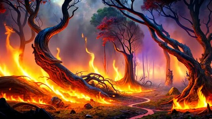 Poster - Fiery Path Through a Mystical Forest A Journey of Embers and Shadows