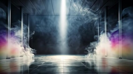 Poster - Dark, smoky room with a bright central light and colorful side lights