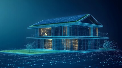 Poster - A contemporary wireframe house with solar panels radiates warmth against a digital blue backdrop, evoking innovation and sustainable living. Abstract wireframe in dark blue