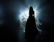 © kharchenkoirina - art photo real person fantasy girl princess black shadow silhouette walking in saint divine moon light ray in night dark spring forest fog tree white flowers tree. sexy goddess fairy elf woman ghost