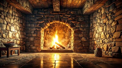 Poster - Cozy Stone Fireplace in a Rustic Room with Warm Ambiance