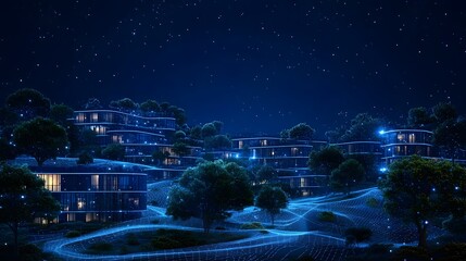 Poster - Futuristic city at night under a starry sky, featuring curved buildings blending into the landscape with a glowing blue digital grid. Trees adorn rooftops. Abstract wireframe in dark blue.