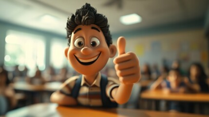 Student, A cartoon boy is giving a thumbs up in a classroom