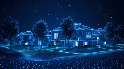 Poster - Futuristic residential area at night visualized with glowing blue wireframes. Houses, trees, and paths create a modern, high-tech scene under a starry sky. Abstract wireframe in dark blue