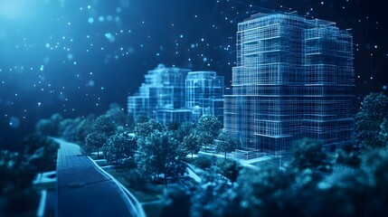 Aufkleber - Futuristic cityscape with wireframe buildings glowing blue, set against a dark blue backdrop with ethereal orbs. Trees soften the scene. Walkway suggests scale. Abstract wireframe in dark blue