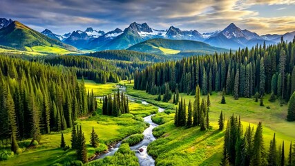 Poster - Serene mountain valley vista with a meandering river and lush evergreen forests